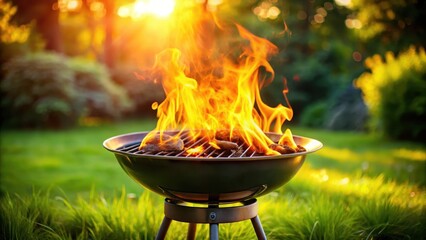 A charcoal BBQ grill with bright, fiery flames shooting up from the coals