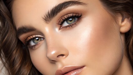 Fototapeta premium Close-Up Portrait of Young Woman's Beautiful Eye, Perfect Smooth Skin, Perfectly Shaped Eyebrow and Luscious Long Lashes. Beauty Products, Cosmetics, Make-Up. Advertisement of Eco Treatment, Skin Care