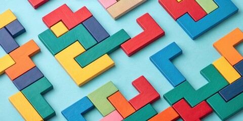 Colorful Wooden Puzzle Blocks Arranged in Abstract Patterns on a Light Blue Background