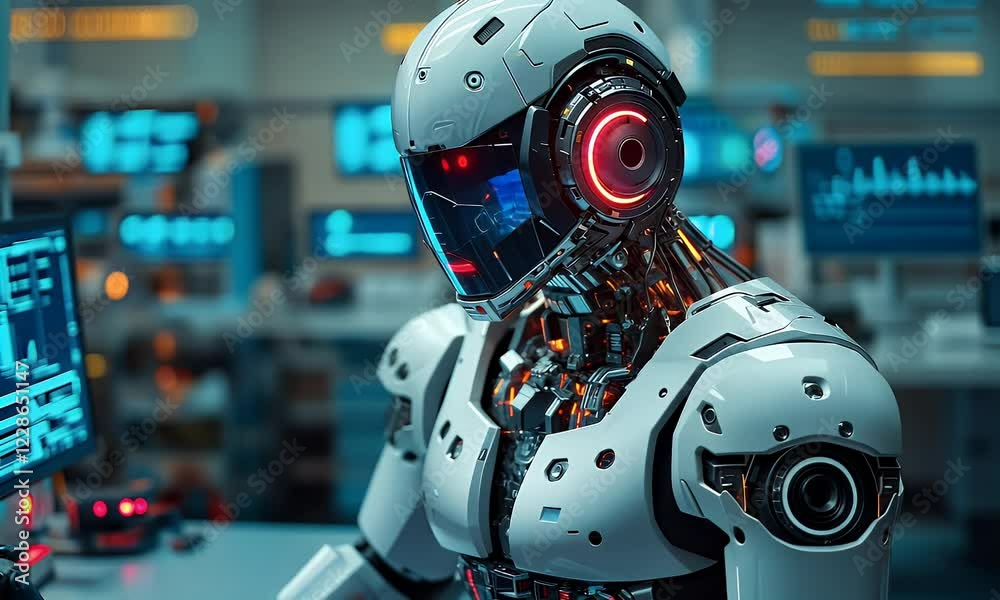 Poster Robot working lab futuristic computer data analysis