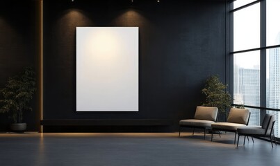 Minimalist Living Room with Large White Canvas on Dark Wall and Modern Black Beige Furniture