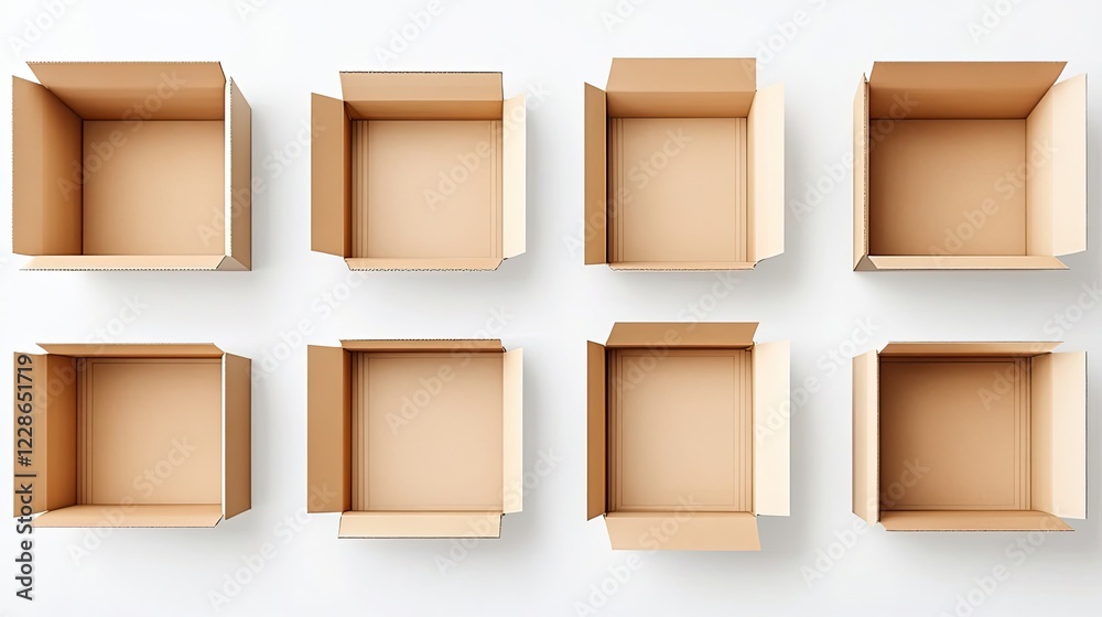 Poster empty cardboard boxes arranged on a white background generative ai