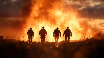 Fototapeta premium Soldiers Walking Silhouetted Against Fiery Explosion at Sunset on Battlefield