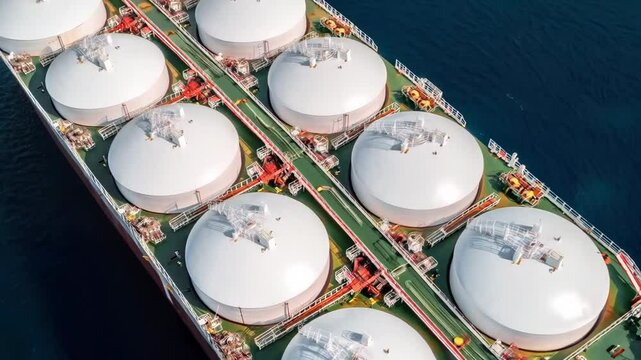 Spherical tanks of a gas carrier ship navigating on calm sea