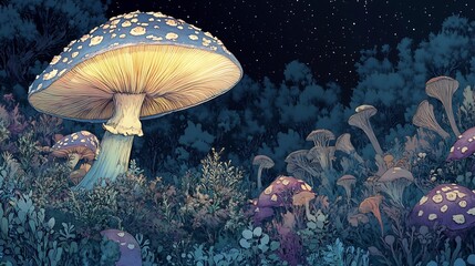Enchanted Forest Night Glow Luminescent Mushrooms. AI Generated