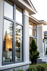 Modern House Exterior with Large Windows and Grey Frames. Contemporary Home Design, Real Estate, Architecture, Property
