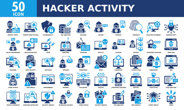 Hacker activity icon set collection. Simple color fill vector.