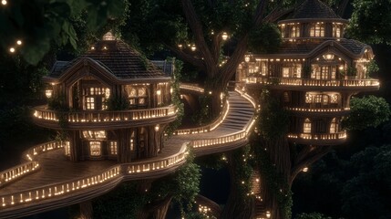 Enchanting Illuminated Treetop Houses Night Scene