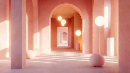 Pink architectural hallway with spherical lights and forms