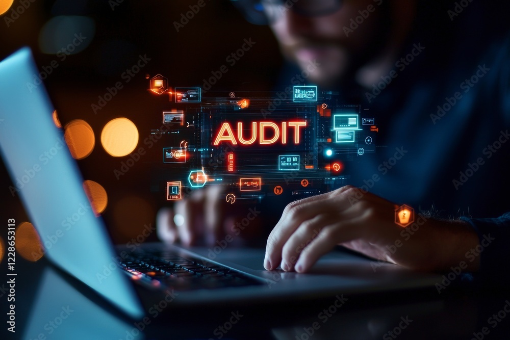Poster focused professional conducting digital audit on laptop with high-tech graphics and data visualizati