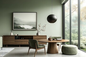 Mint color chairs at round wooden dining table in room with sofa and cabinet near green wall. Scandinavian, mid-century home interior design of modern living room.
