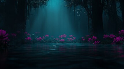 Enchanting Night Bloom Pink Flowers in Dark Forest Lagoon