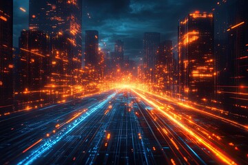 Fototapeta premium The image shows a futuristic cityscape with a digital or virtual aesthetic.