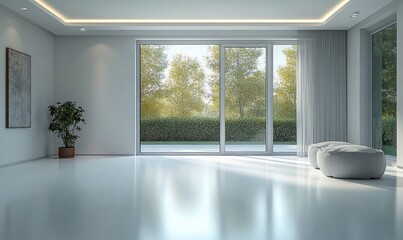 Fototapeta premium Minimalist Sunlit Living Room Design with Sliding Glass Doors and Simple Decor