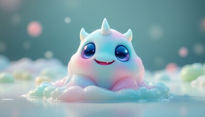 Adorable Unicorn Slime Creature in a Pastel Cloud of Bubbles