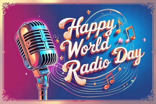 illustration of a classic radio microphone with sound waves forming the words Happy World Radio Day in an artistic design