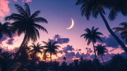 Tropical sunset crescent moon palm trees vacation