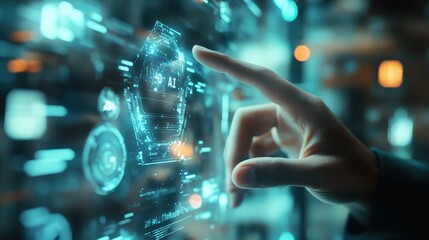 Artificial intelligence technology concept featuring a Middle Eastern businessman using a laptop with a futuristic holographic AI interface in an office