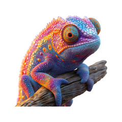 Colorful 3D Cartoon Chameleon on a Branch Isolated on Transparent Background