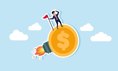 A businessman supervises and stands holding a flagpole on top of a rocket-dollar coin, illustration of boosting business financial performance