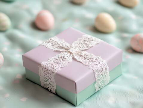 Delicate present box with lace ribbon. Pastel gift box for Easter day.
