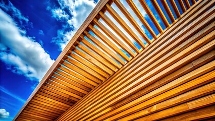 Abstract Architectural Detail: Wooden Lines Against a Vibrant Blue Sky