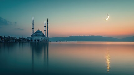 Coastal Mosque Sunset Crescent Moon Serenity