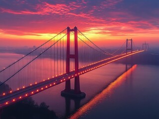 Obraz premium Aerial View of Modern Suspension Bridge at Sunset in Poland
