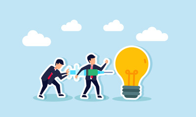 Two businessmen collaborate to inject liquid into a lit lamp, illustration of a trigger to generate business ideas and innovations