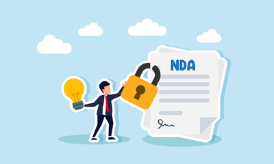 A businessman carries a lamp while holding a padlock securing an NDA paper, illustration of company document confidentiality about business ideas and innovations