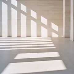 Obraz premium Sunlight streams through modern architecture creating stark shadows on minimalist interior. AI Generated