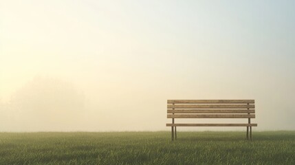 Fototapeta premium Serene Wooden Bench in a Misty Grass Field at Dawn Light