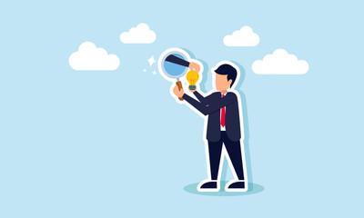A businessman observes a lit lamp with a magnifying glass, but a hand emerges from the glass trying to take the lamp, illustration of sabotage in analyzing business ideas