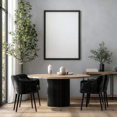 Modern minimalist dining space with elegant wooden table, comfortable chairs, and decorative plants in bright interior