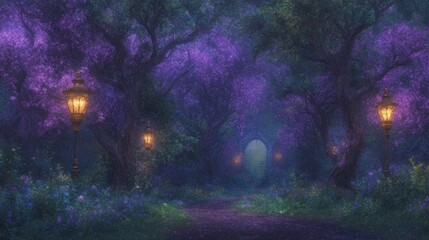 Enchanting Purple Forest Path with Illuminated Lanterns