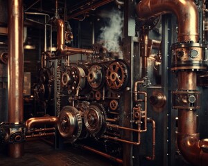 Fototapeta premium Industrial Steampunk Machinery With Copper Pipes and Gears in Dark Ambient Lighting
