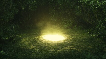 Dense Glade in an Orchard Illuminated by Single Sunbeam