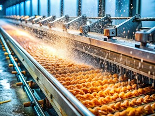 Fototapeta premium Macro Close-up: High-Pressure Water Cleaning Conveyor Belt in Poultry Processing Plant