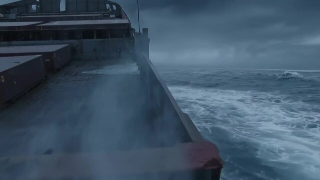 Cargo ship sailing in rough sea during storm