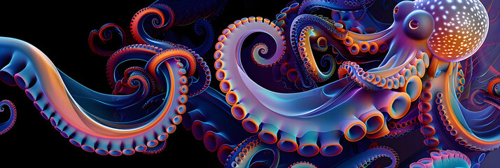 Intricate Abstract Octopus: Dynamic Digital Illustration with Vibrant Swirling Tentacles Perfect for Artistic Applications