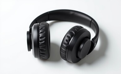 A pair of sleek, black wireless headphones levitating against a clean white background, showcasing modern audio technology.