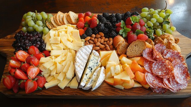 A beautifully arranged charcuterie board filled with assorted cheeses, meats, nuts, and fresh fruits, perfect for gatherings and entertaining.