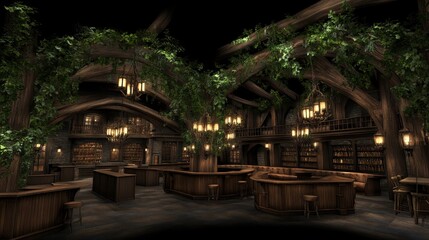 Fototapeta premium Enchanting Treetop Tavern Interior Design Visualization
