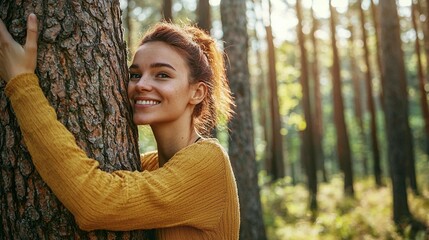 Woman hugging tree in sunny forest, nature connection, environmentalism