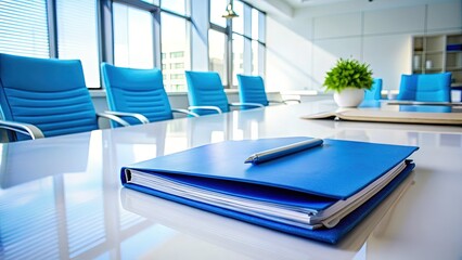Meeting Room Essentials: Blue Folder, Documents & Notebook on White Table