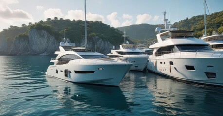 High-end yachts parked in the crystal-clear waters of the port, high-end, boats, luxury, yachts