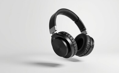 A pair of sleek, black wireless headphones levitating against a clean white background, showcasing modern audio technology.