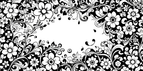 Intricate black and white patterns of interconnected flowers, leaves, and curved lines in a repeating paisley motif, leaf, nature, design