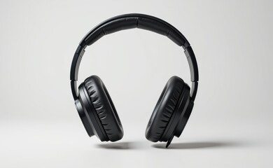 Fototapeta premium A pair of sleek, black wireless headphones levitating against a clean white background, showcasing modern audio technology.
