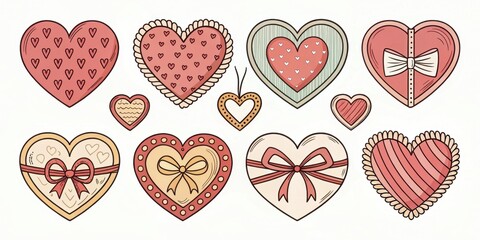A Collection of Charming Hand-Drawn Hearts with Various Patterns and Bows for Valentine's Day